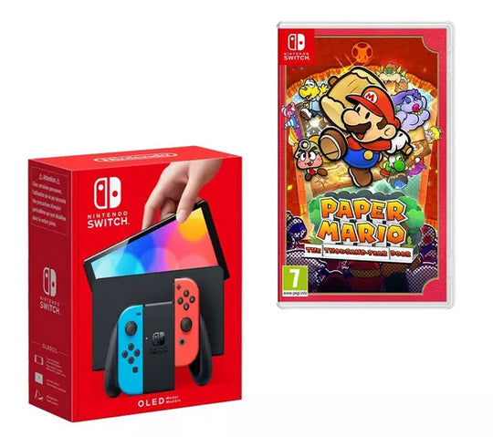 Nintendo Switch OLED & Paper Mario: The Thousand-Year Door Bundle - Neon Red & Blue