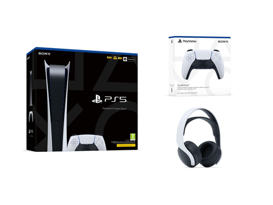 Argraffiad Digidol PlayStation 5 + Headset Di-wifr White Pulse 3D + Rheolydd Diwifr Gwyn DualSense