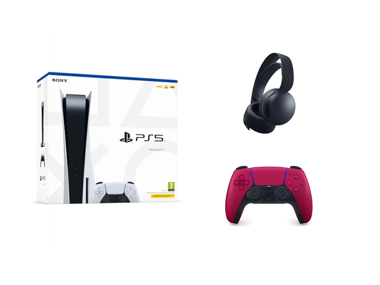 Consol PlayStation 5 + Headset Di-wifr Black Pulse 3D + Rheolydd Di-wifr Cosmig Coch