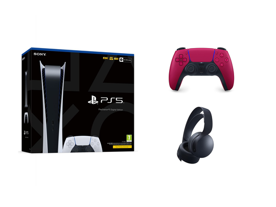 PlayStation 5 Digital Edition + Black Pulse 3D Wireless Headset + Rheolydd Diwifr Coch Cosmig DualSense
