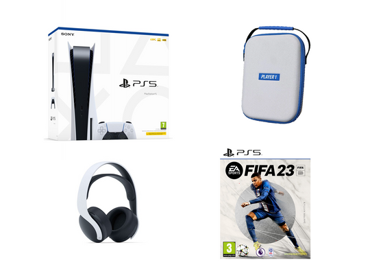 PlayStation 5 Console + Controller Case + FIFA 23 + White 3D Pulse Wireless Headset